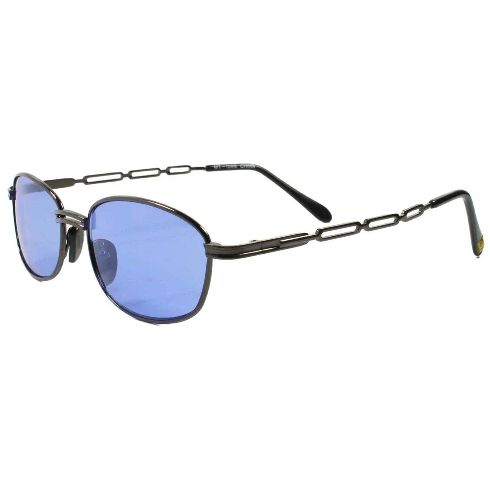 Old Classic Vintage 80s Fashion Rectangle Sunglasses Gunmetal Frame Blue Lens